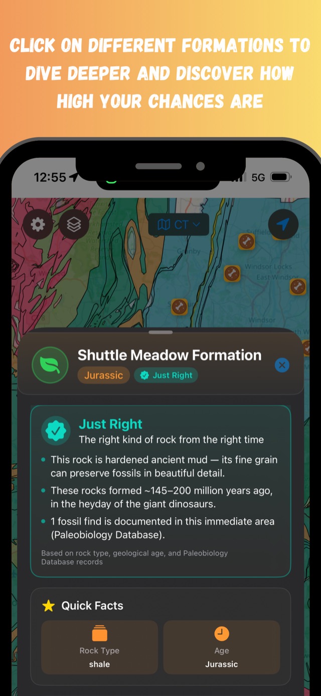 Formation detail panel with a Just Right fossil-potential verdict
