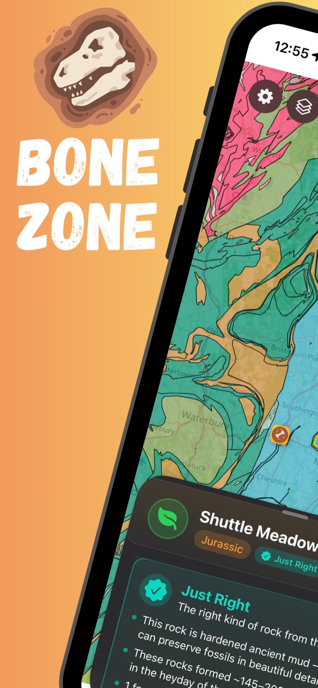 Bone Zone splash with the app logo over a geologic map